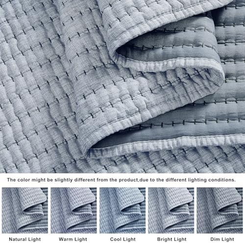 WDCOZY Chambray Blue King Size Pick Stitch Quilt Set 3 Pieces 104x90 inches