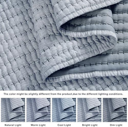 WDCOZY Chambray Blue Queen Size Pick Stitch Quilt Set 3 Pieces 90x90 inches