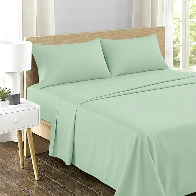 Feather & Stitch 500 TC Queen Size 4pc Damask Bed Sheet Set, 100% Soft Cotton Breathable Bedsheets, 18" Deep Pockets Sateen Weave Striped Bedding Mattress Resort Hotel Luxury Decor - (Soft Sage)
