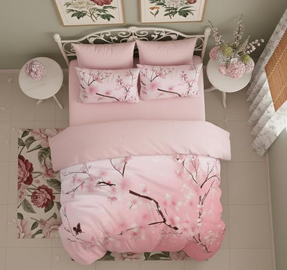 Japanese Bedding Set King Size,Pink Flower Comforter Set 3Pcs Cherry Blossom Quilted Bed Set with 2 Pillowcases for Girls Women, All Season(104"x90")