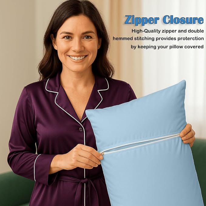 Comfort Beddings Body Pillowcase, 100% Organic Cotton 600 Thread Count Sateen, Soft Cooling Light Blue, 1-Pack, Hidden Zipper Closure, Hotel Quality, Fade & Shrink Resistant, 20 x 60 Inches