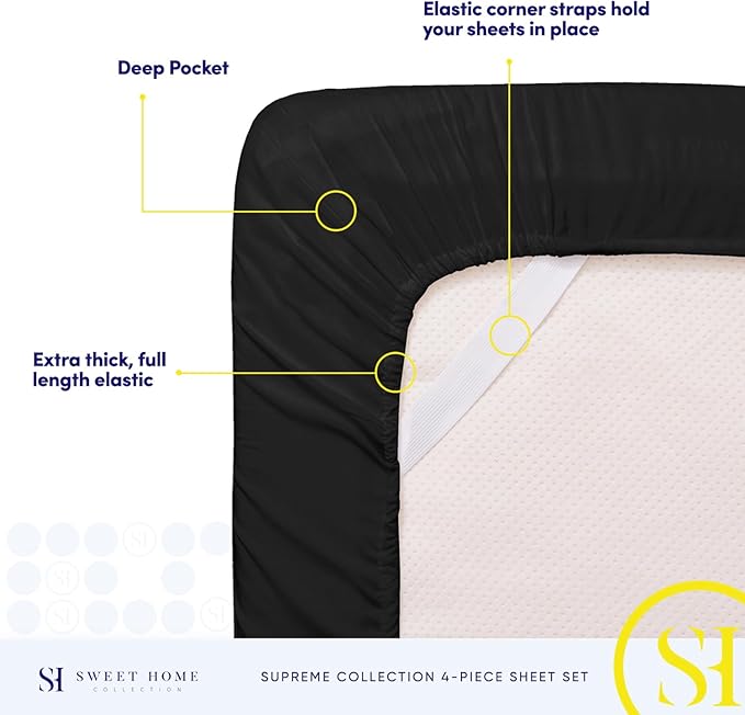 California King Sheet Sets - Breathable Luxury Sheets with Full Elastic & Secure Corner Straps Built In - 1800 Supreme Collection Deep Pocket Bedding, Sheet Set, EXTRA DEEP pocket - Cal King, Black
