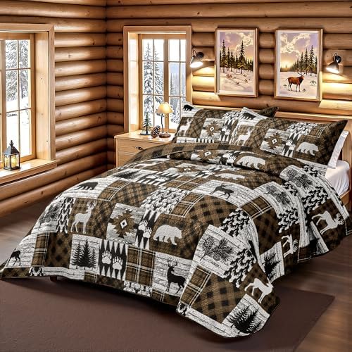 3 Piece Cabin King Size Quilt Sets Farmhouse Rustic Reversible Microfiber Soft Lightweight Bedspread Comforter with 2 Shams Patchwork Country Lodge Bedding Quilts Set for All Season, 106''x96'', Brown