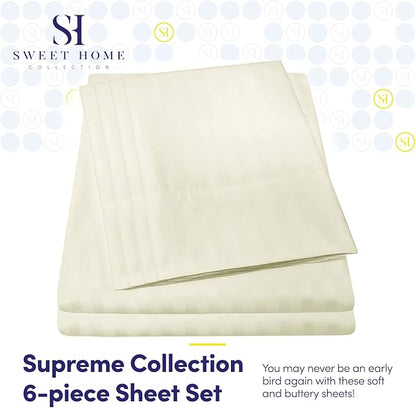 Dobby Stripe Queen Sheets - 6 Piece 1500 Supreme Collection Fine Brushed Microfiber Deep Pocket Queen Sheet Set Bedding - 2 Extra Pillow Cases, Great Value, Queen, Dobby Beige