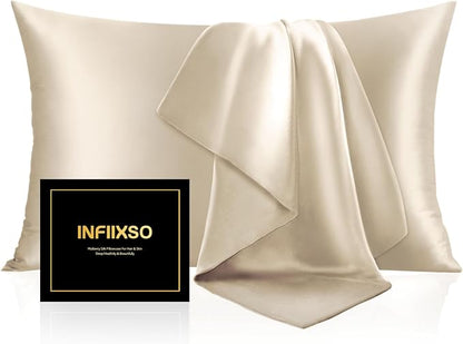 INFIIXSO Silk Pillow Cases 2 Pack Standard Size, Ultra Smooth & Soft Mulberry Silk Pillow Case for Hair and Skin, Breathable Cooling Silk Pillowcase with Hidden Zipper (Beige, 20x26 Inches)