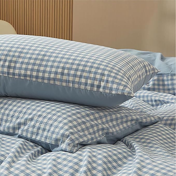 Nayoroom Blue Gingham Duvet Cover Queen Size 100% Washed Cotton Duvet Cover 3 Pieces Soft Breathable Yarn-Dyed Plaid Checkered Girls Dorm Bedding Set for All Seasons