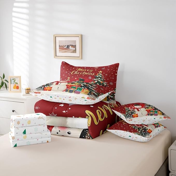 Castle Fairy Merry Christmas 7 PCS Comforter Set,Cartoon Snowman Christmas Trees Bedding Set for Kids Girls,Happy New Year Gifts Bed in a Bag with Comforter,Sheets and Pillow Cases,King