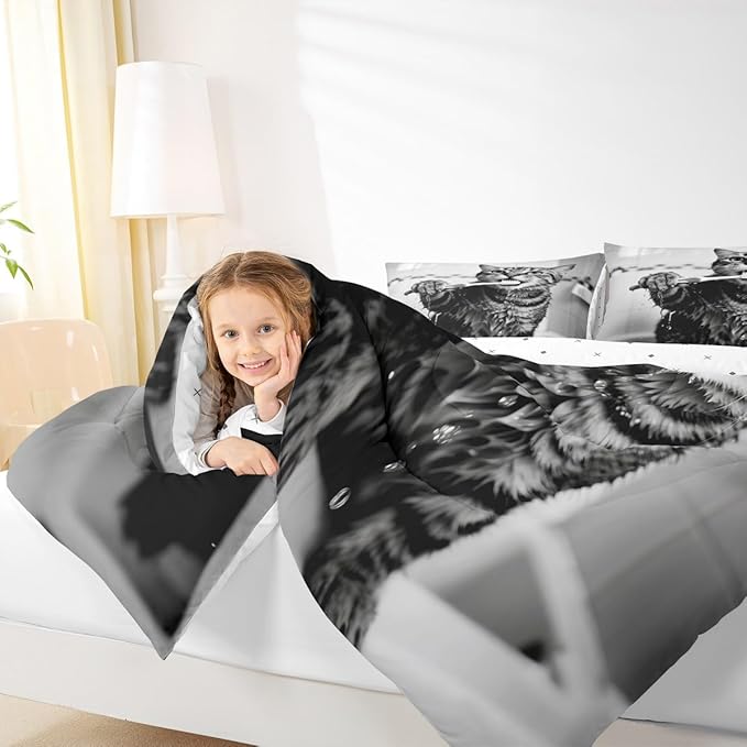 Erosebridal Kitten Bedding Set Queen Size Cute 3D Comforter Set for Kids Boys Girls Toothbrush Kawaii Animal White Black Comforter Warm Soft Quilt Insert