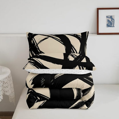 Erosebridal Black and Beige Striped King Bedding Set for Kids Teens Adults, Geometric Striped Comforter Set for Minimalists,Graffiti Aesthetic Lines Duvet Insert,Contemporary Boho Modern Art Quilt