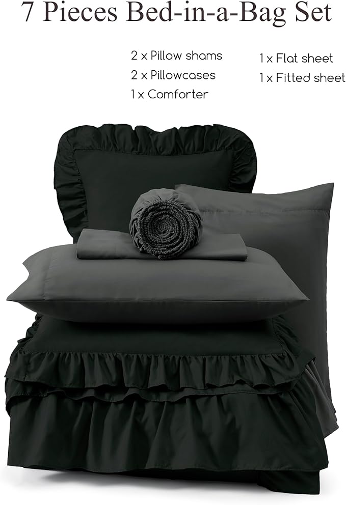 Queen Comforter Set Black, Ruffle Shabby Chic Bedding Set Farmhouse 7 Pieces, All Season Fluffy Bed in a Bag with Sheets, Pillowcases & Shams