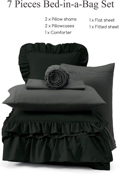 Queen Comforter Set Black, Ruffle Shabby Chic Bedding Set Farmhouse 7 Pieces, All Season Fluffy Bed in a Bag with Sheets, Pillowcases & Shams