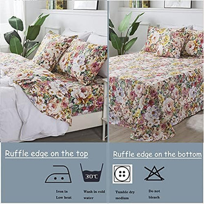 FADFAY Vintage Floral Sheet Set Full 4 Pcs 100% Cotton Soft Shabby French Country Style Garden Flower Bed Sheet Girls Cottagecore Bedding Elegant Peony Printed Deep Pocket Sheet 17.5 inch