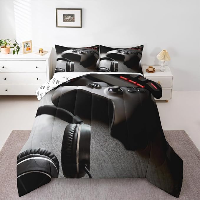 Feelyou Gaming Bedding Set Boys Game Controller Comforter for Kids Girls Teens Modern Gamer Headset Comforter Set Youth Gaming Console Video Game Decor Duvet Set with 2 Pillow Case Queen Size Black