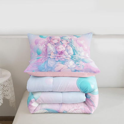 Erosebridal Anime Girl Kids Bedding | Girly Friendship Comforter Sets King,Fantasy Dreamy Girls Comforter Romance Ballons Duvet Insert with 2 Pillow Cases