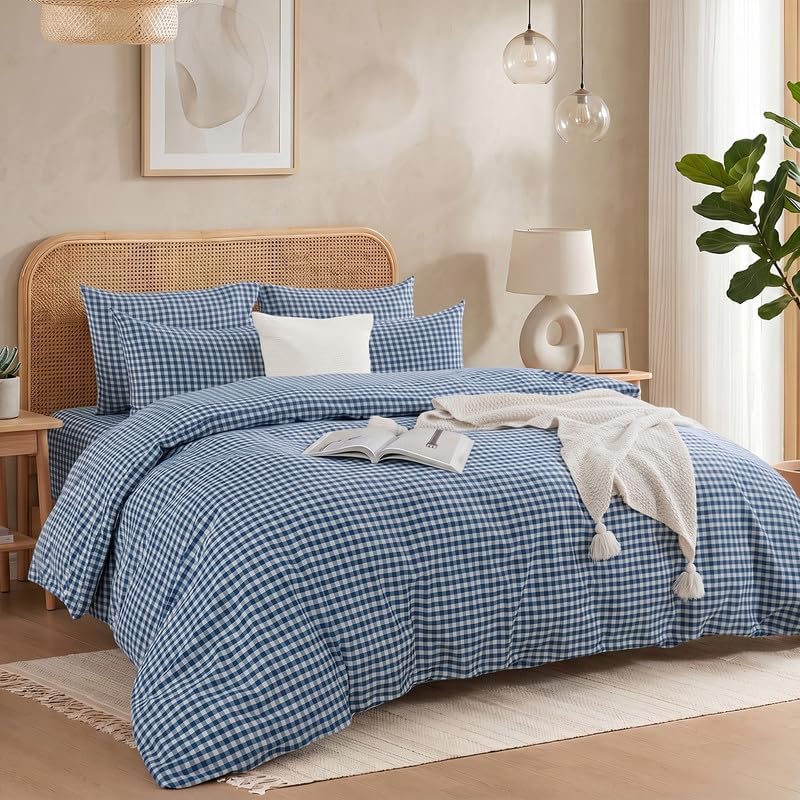 NEXHOME PRO Blue Gingham Duvet Cover Twin, 100% Washed Cotton Like Linen Feel Organic Natural Bedding Set 3 Piece Navy Vintage Plaid Checkered Comforter Cover Set (No Comforter) 6890