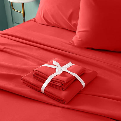 BYSURE 6 Pieces Bed Sheets Set(King, Cherry Red) - Hotel Luxury Super Soft 1800 Thread Count 100% Microfiber Sheets with Deep Pockets, Wrinkle & Fade Resistant