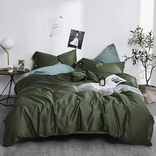 VM VOUGEMARKET Sateen Cotton Duvet Cover Queen,3pcs Dark Army Green Bedding Set for Hot Sleeper,Soft Siky Breathable Duvet Cover with Zipper Closure (Olive Green,Queen)