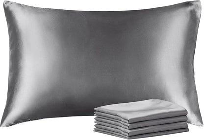 BEDELITE Satin Pillowcase with Zipper 4 Pack, Dark Grey Pillow Cases Standard Size, Super Soft and Cooling Similar to Silk Pillow Cases, Gift for Women Men(20x26 Inches)