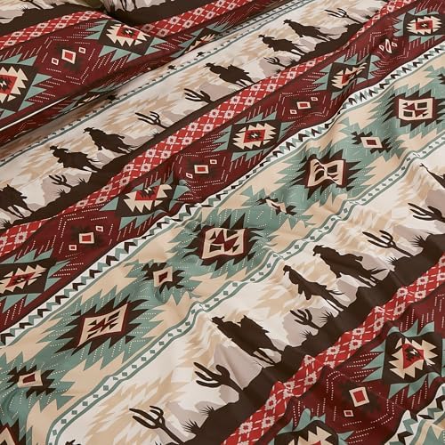 Chezmoi Collection 4-Piece Southwestern Cowboys Aztec Sheet Set Queen - Multicolor Teal Brown Beige Tan Red Printed Brushed Microfiber Lightweight Breathable Deep Pocket Bed Sheets