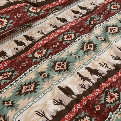 Chezmoi Collection 4-Piece Southwestern Cowboys Aztec Sheet Set Queen - Multicolor Teal Brown Beige Tan Red Printed Brushed Microfiber Lightweight Breathable Deep Pocket Bed Sheets