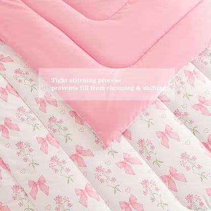 Pink Bow Comforter Set Twin Size Pink Floral Comforter for Girls Kids Romantic Princess Style Bowknot Bedding Set Ultra Soft Reversible Garden Flower Comforter Sets with 1 Pillowcase 2Pcs