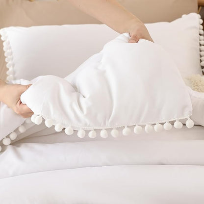 YIRDDEO King Size Comforter Set - King Size Comforter with Ball Pom Fringe, Soft King Bedding Set for All Seasons - 3 Pieces, 1 Comforter (104"x90"inches) & 2 Pillow Shams(20"x36"), White