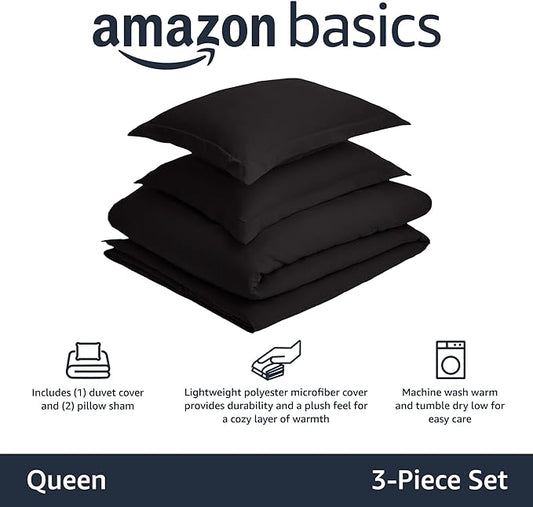 Amazon Basics Lightweight Microfiber 3-Piece Duvet Cover Set with Zipper Closure, Full/Queen, Black, Solid