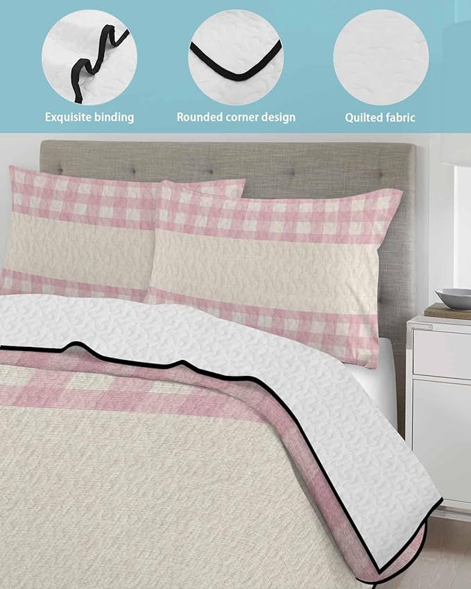 Quilts Twin Size, Retro Pink Soft Comforter Bedding Set for Bed, Farmhouse Buffalo Plaid Vintage Beige Lightweight Quilted Bedspread with Pillow Cover(2 Pieces) for All Season, 68x86 Inch