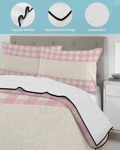 Quilts Full Size, Retro Pink Soft Comforter Bedding Set for Bed, Farmhouse Buffalo Plaid Vintage Beige Lightweight Quilted Bedspread with Pillow Cover(2 Pieces) for All Season, 78x90 Inch