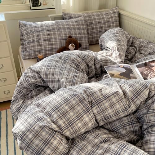 mixinni Queen Duvet Cover Set - 3 Piece Vintage Buffalo Plaid Bedding, 100% Washed Cotton Duvet Cover with 2 Pillowcases, Soft & Breathable Navy Beige White Geometric Grid Pattern for All Seasons