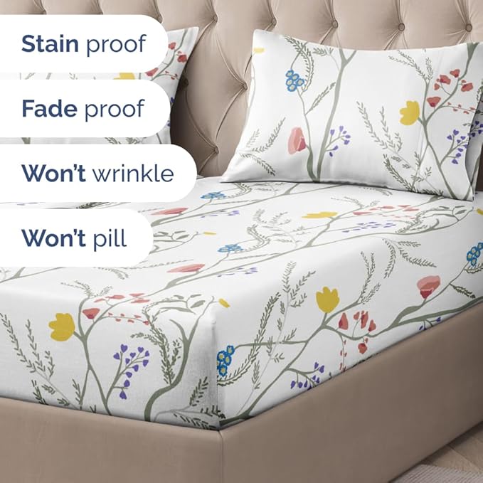 Floral Sheets - Boho Split King Bed Sheet Set - 1 Flat, 2 Fitted & 2 Pillowcases w/ Deep Pockets - Wrinkle & Fade Free - Boho Botanical Bedding - Soft, Breathable and Cooling - Split King Size Set