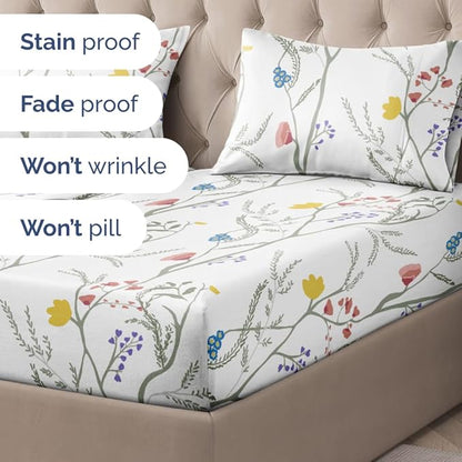 Floral Sheets - Boho Split King Bed Sheet Set - 1 Flat, 2 Fitted & 2 Pillowcases w/ Deep Pockets - Wrinkle & Fade Free - Boho Botanical Bedding - Soft, Breathable and Cooling - Split King Size Set