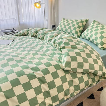 CLOTHKNOW Green White Plaid Comforter Set California King Grid Bedding Comforter Sets Checker Comforter with 2 x Pillow Cases