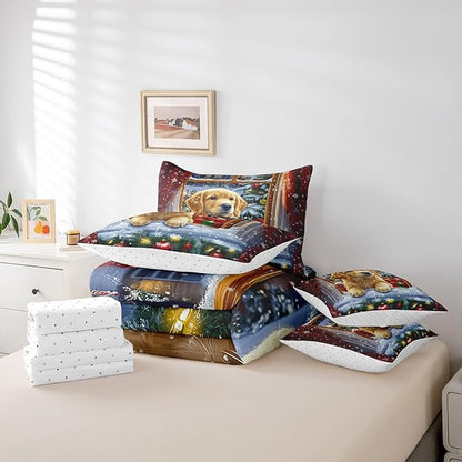 Castle Fairy Cute Dog Puppy 7 Pieces Bedding Set Queen Bed in a Bag,Watercolor Christmas Trees Bell Comforter Set,Kids Happy New Year Gifts Soft Warm Microfiber Bedding