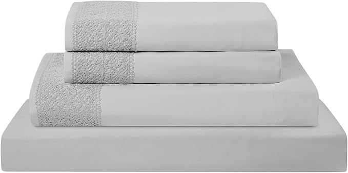 Modern Threads 4 Piece Microfiber Sheet Set – Soft Cooling Bed Sheets with Crochet Lace – Deep Pocket, Wrinkle Free, Breathable, Hotel Luxury Bedding, Light Gray, Full