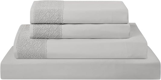 Modern Threads 3 Piece Microfiber Sheet Set – Soft Cooling Bed Sheets with Crochet Lace – Deep Pocket, Wrinkle Free, Breathable, Hotel Luxury Bedding, Light Gray, Twin