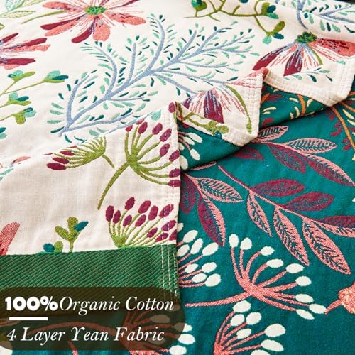 VANJOROY Boho Throw Blanket, 100% Organic Cotton Breathable Ultra Soft 91" x 108" King Bed Quilt Throw - All Season Floral Rustic Farmhouse Decor Luxury Blanket for Sofa Couch Chair and Gift