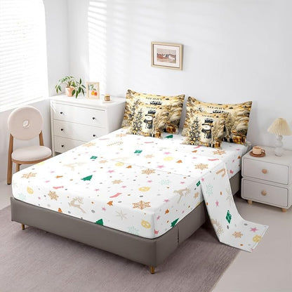 Castle Fairy Gold Christmas Tree 7 Pieces Comforter Sets Full,Luxury New Year Gifts Bedding Set for Kids Girls,Winter Cartoon Snowman Snowflake Bed in a Bag with Comforter,Sheets and Pillow Cases