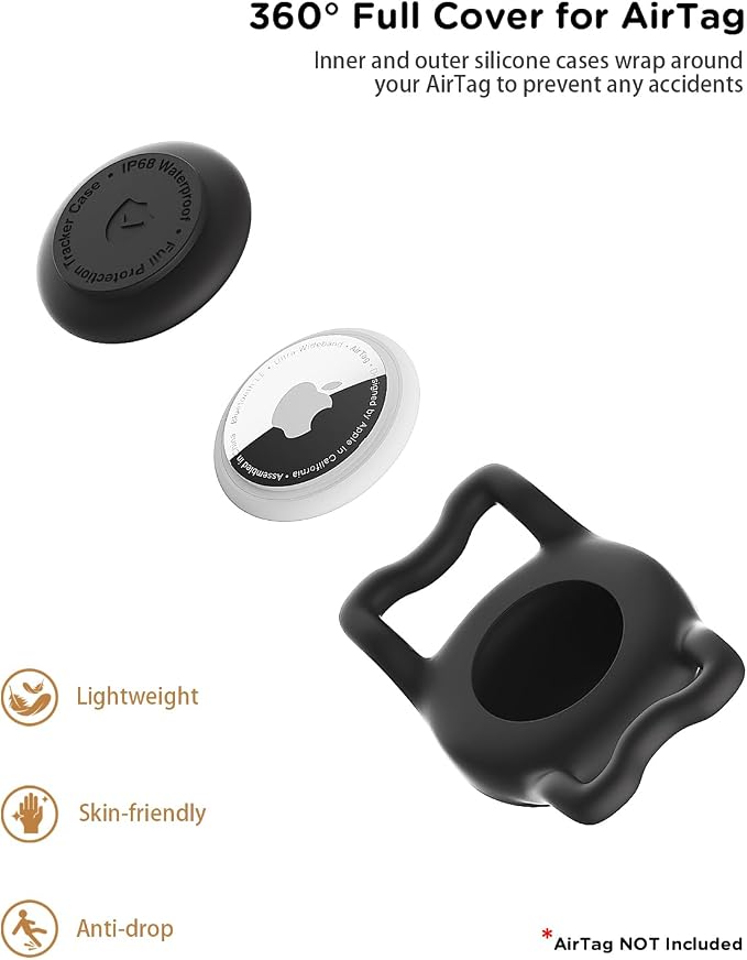 IP68 Waterproof Dog AirTag Holder for Dog Collar, Soft, Stretchy Silicone | Full-Body Protection, Easy Tool-Free Installation, Quiet, No-Dangle Fit, Lightweight, Fits Dog & Cat Collars of All Widths