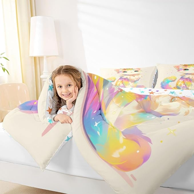 Cartoon Cat Comforter Set King Size Bedding Sets Watercolor 3D Anime Bed Comforter, Cute Pets Toddler Comforter for Animal Lovers Enthusiast Kawaii Anime Decor Design Quilt for Girls Kids Teens