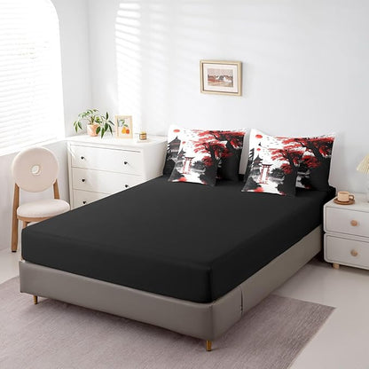 Erosebridal Japanese King Comforter Set with Sheets 7 Piece Sun Cherry Blossom Bedding Set for Girls Women Watercolor Black Red Mountain Sakura Floral Bed in A Bag Asian Chinese Ink Sheet Set