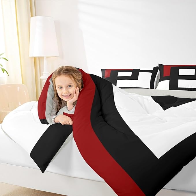 Erosebridal Red Black and White Striped Toddler Comforter Square Abstract Bedding Set Modern Geometric Stripes Bold Lines Duvet Insert Minimalist Stylish Plaids Bed Sets