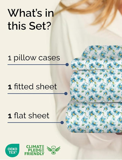 Floral Sheets - Flower Print Bed Sheet Set - 1 Flat, 1 Fitted & 1 Pillowcase w/ Deep Pockets - Comfy, Cozy, Wrinkle & Fade Free - Boho Botanical Bedding - Soft, Breathable & Cooling - Twin Size Set