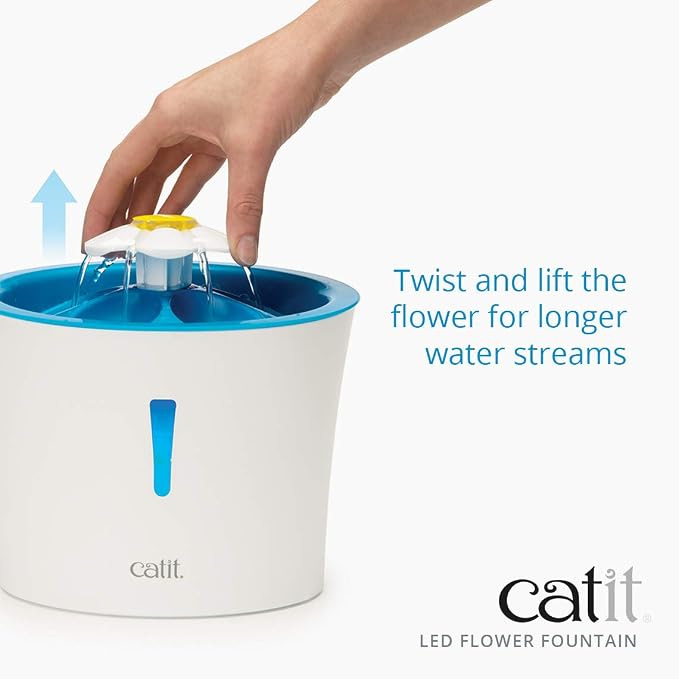 Catit LED Flower Fountain with Triple Action Filter, 3 L, Blue | Cat Drinking Water Fountain