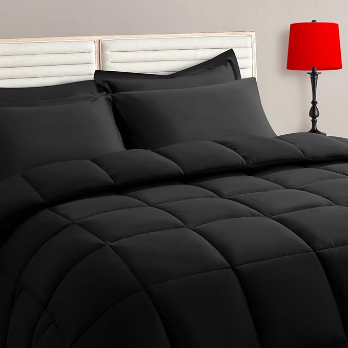 TAIMIT King Size Comforter Set - 7 Pieces, Bed in a Bag Bedding Sets with All Season Soft Quilted Warm Fluffy Reversible Comforter,Flat Sheet,Fitted Sheet,2 Pillow Shams,2 Pillowcases,Black