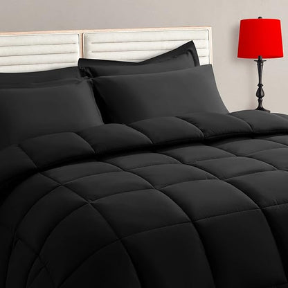 TAIMIT Twin Size Comforter Set - 5 Pieces, Bed in a Bag Bedding Sets with All Season Soft Quilted Warm Fluffy Reversible Comforter,Flat Sheet,Fitted Sheet,1 Pillow Shams,1 Pillowcases,Black