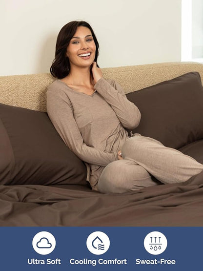 Extra Deep Split King Sheet Set - 7 Piece Breathable and Cooling Sheets - Hotel Luxury Bedding for Women, Men, Kids & Teens - Easy Secure Fit - Soft, Wrinkle Free & Comfy - Extra Deep Pockets - Brown