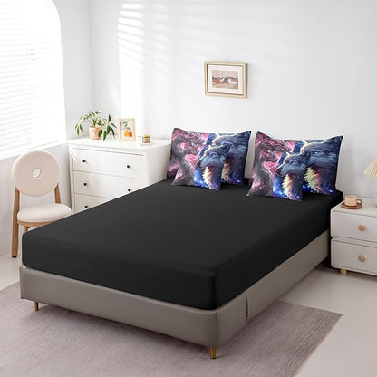 Castle Fairy Western Dragon and Wolf Comforter Set 7 Pieces King Size,Magical Animal Bedding Set for Kids,Glittering Starry Sky (Comforter+Fitted+Flat Sheet+2 Pillowcases+2 Throw Pillow Covers)