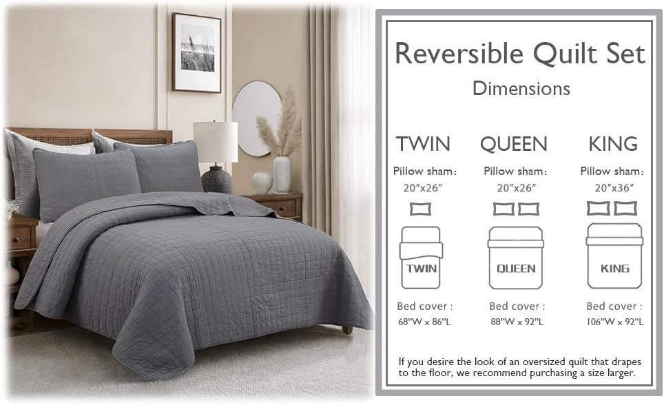 Cozy Line Home Fashions 100% Cotton Quilt Set – 3-Piece Charcoal Gray Solid Classic Modern Geometric Quilted Bedspread with Shams, Lightweight All Season Modern Bedding (Box Gray, Queen)