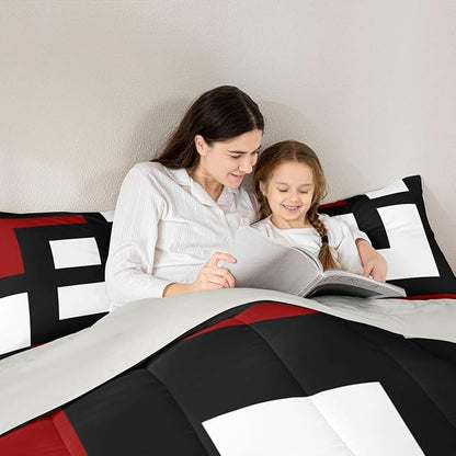 Erosebridal Red Black and White Striped Twin Bedding Sets for Adult Women Men Square Abstract Comforter Set Modern Geometric Stripes Bold Lines Quilt Set Minimalist Plaids Bed Collections